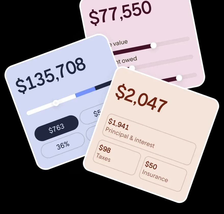 Stylized refinance calculator showing home value, principal and interest, taxes, and insurance